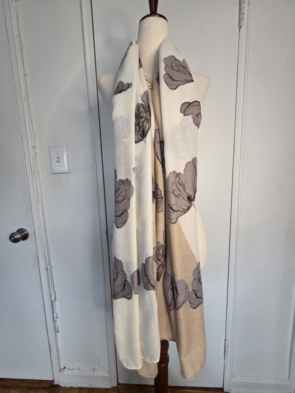 Elegant Cream Floral Print Wrap Scarf
